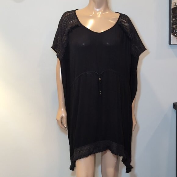 HOLIDAY By F&F Kaftan Dress Fringe Trim Sheer Crochet Drawstring Swim Cover Up - Picture 2 of 14
